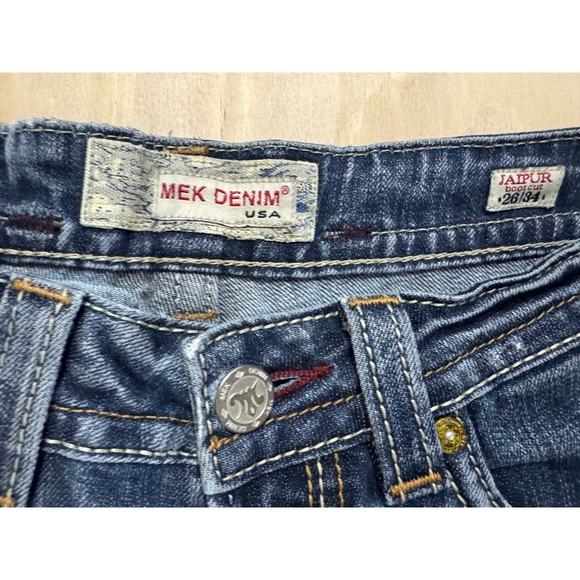 MEK Denim Jaipur Bootcut Jeans Womens 26x34 Dark Wash Distressed Y2K Embroidered - Picture 10 of 16
